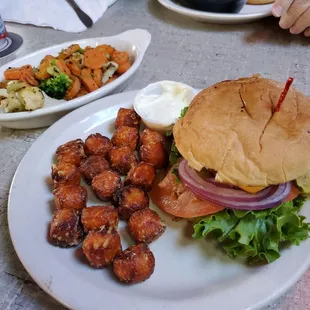 Cheeseburger. Sweet Potato Tots. Grilled Veggies