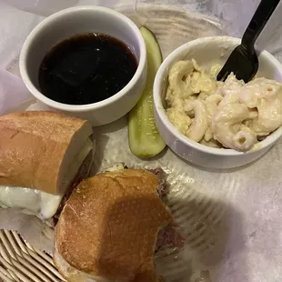 French dip, pickle, White cheddar mac &amp; cheese