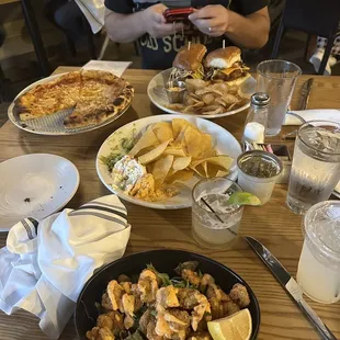 The food shrimp, pizza and burger. Husbands water glass empty. Just got the refill of chips.