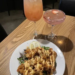 Crispy Rock Shrimp, pink ribbon, rose sangria