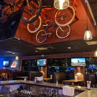 bikes hanging from the ceiling