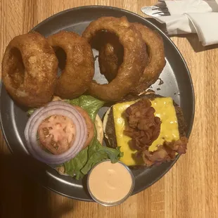 Peanut Butter with Bacon Burger and fresh cut and battered Onion Rings.