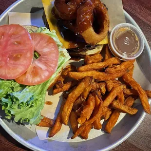 Rodeo burger with sweet potato fries and caramel to dip fries in