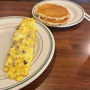 an omelet and pancakes