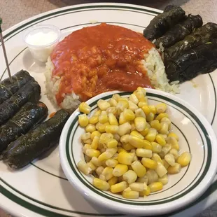 Grape leaves, half veggie half meat, all delicious.