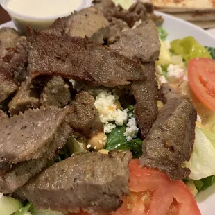 Greek salad with gyro meat and ranch dressing
