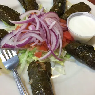 Awesome stuffed grape leaves, served warm