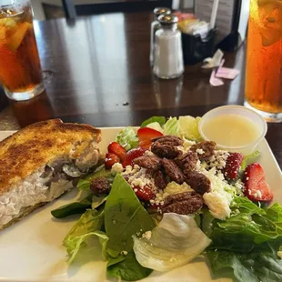 Chicken Salad sand with strawberry feta salad. The bread is toasted with a little butter seasoning is delicious