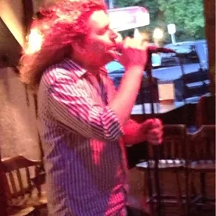 The Karaoke DJ maintains a great atmosphere.  Clearly loves what he does.