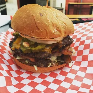 a close up of a burger