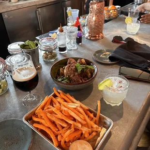 a table with a variety of food items