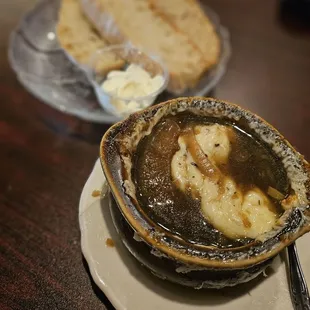 French onion soup,  homemade bread and honey butter