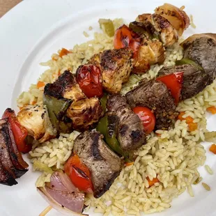 Shish kabob - one chicken and one beef.