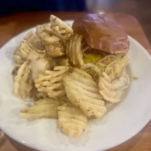 Cowboy burgers w/upgraded waffle fries