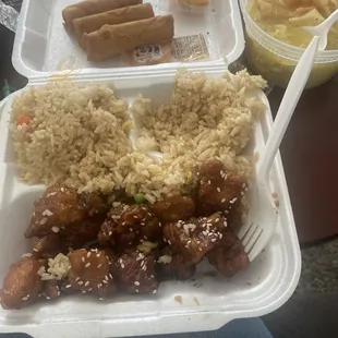 SESAME CHICKEN, SPRING ROLLS (3), EGG DROP SOUP SMALL, FRIED RICE
