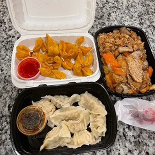 Chicken teriyaki, steamed dumplings, crab Rangoon