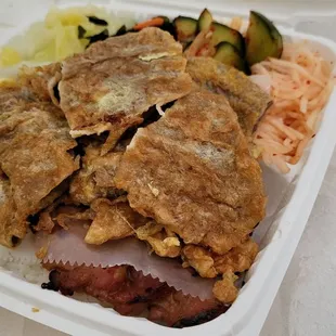 Combo.  Meat jun and BBQ chicken. $20.99 rice and 4 vegetables/sides.