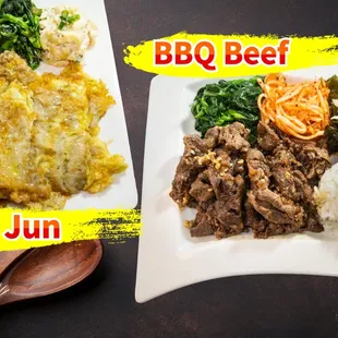 beef, meat, and rice