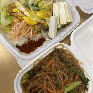 Side of japchae, bibimbap with tofu instead of beef