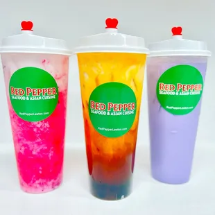 Dragonfruit, Thai Iced Tea and Taro Milk Tea drinks
