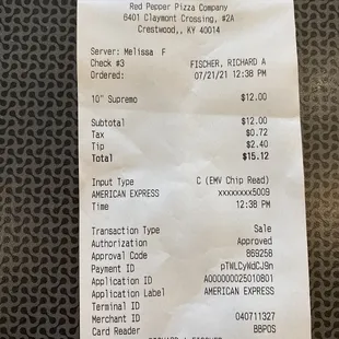 a receipt for a pizza