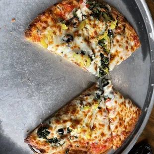 two slices of pizza on a pan