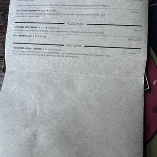 Beer and Wine Menu