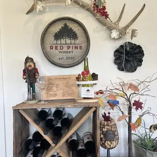 a wine rack with wine bottles