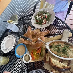 pretzel, crab dip, salad, martini