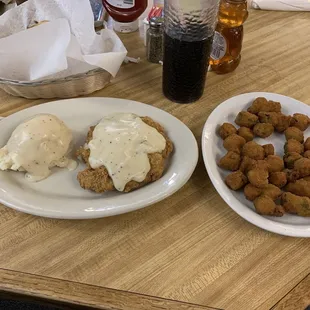 chicken fried steak with mashed potatoes &amp; fried okra