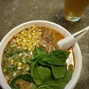 Veggie ramen with spicy broth. Heads up: the spicy broth has a kick!