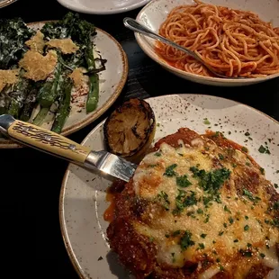 Chicken parmigiana, spaghetti, broccolini