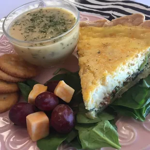 Bacon and spinach Quiche with broccoli cheddar soup