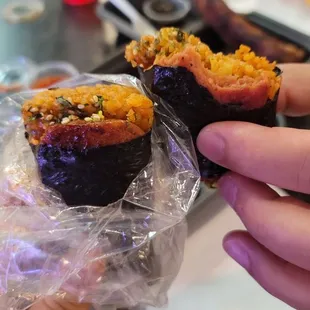 Cheers / trying out the vegan spam (in the individual wrapper)