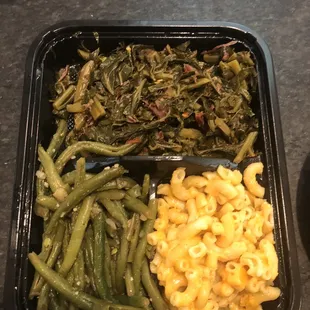 Greens, string beans, and Mac &amp; cheese