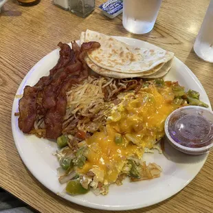 Migas with a side of bacon