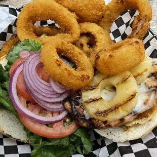 aloha chicken sandwich, onion rings