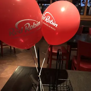 RR balloons  to designate social distancing at unused tables to keep 6 ft distance