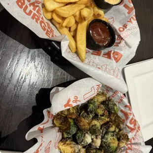 Brussel sprouts and fries