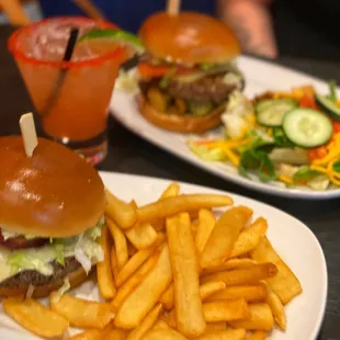 Bottomless fries OR salad with your entree! Top: &quot;Scorching Burger&quot; Bottom: &quot;Guacamole Bacon Burger&quot;