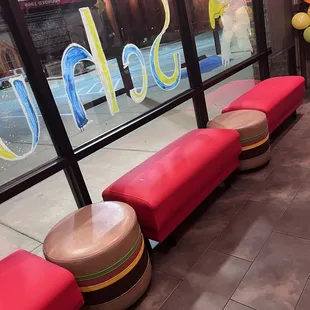 Entry area burger seats! How cute!