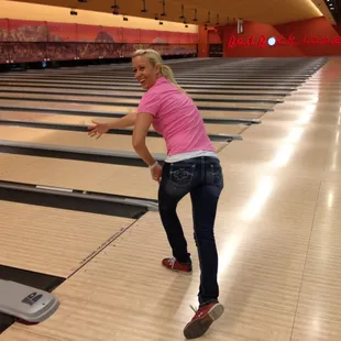 Kayla M. pretending to bowl
