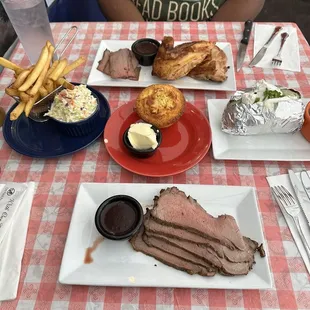 Tri - tip, Chicken , Corn Muffin, Slaw Salad, French Fries, Baked Potato, Baked Beans