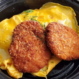 omu-rice with minced cutlet, tomato rice