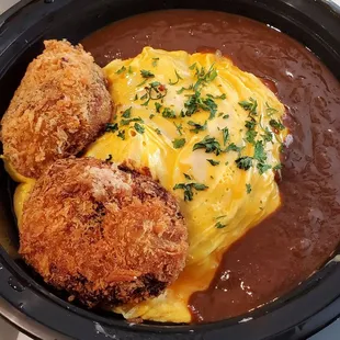 omu-rice with beef &amp; potato croquet (tomato ketchup rice + spicy curry sauce)