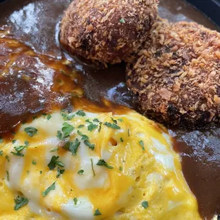 Omu-Rice with Beef &amp; Potato Croquet