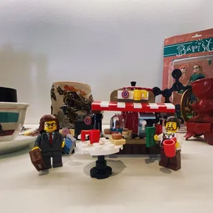 Barista action figure, Lego coffee shop, coffee tchotchkes