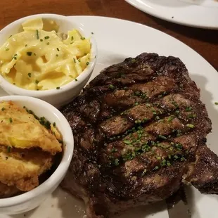 Ribeye with fried squash and Mac n cheese