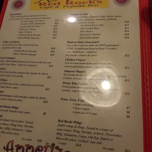 Red rock menu.