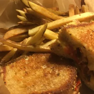 a grilled cheese sandwich and french fries